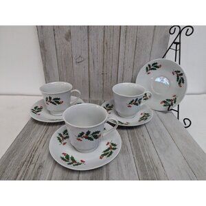 Apulum Porcelain Holly Berries Christmas Tree 3 Tea Cup & 4 Saucer